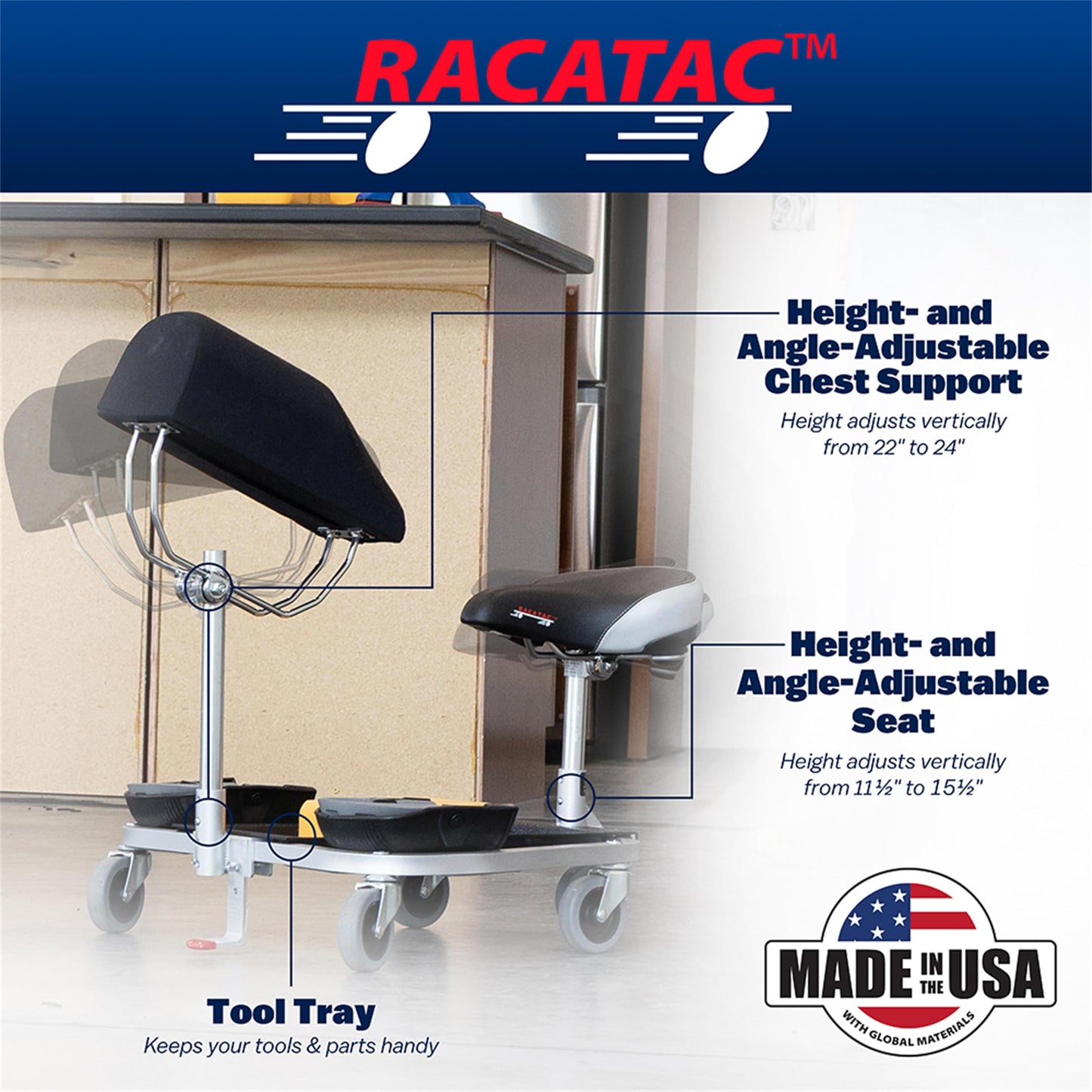 Racatac Kneeling Sitting Creeper with Chest Support and 3 Inch Casters, Rolling Knee Pads with Seat, Creeper for Flooring Installation, Assembled in USA, 01RAC3CS