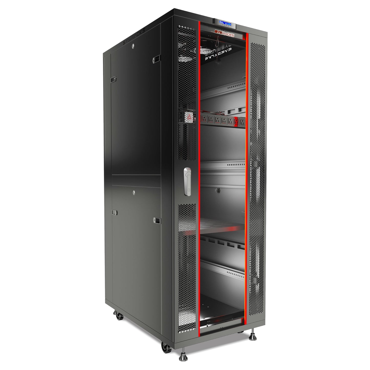 Sysracks 42U Server Rack Cabinet – 32" Deep Network Rack Enclosure on Wheels – Glass Door, 4 Cooling Fans, Temperature Controller, Shelf, 8-Way PDU – 19" IT & AV Equipment Rack
