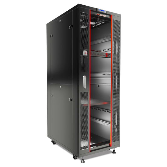 Sysracks 42U Server Rack Cabinet – 32" Deep Network Rack Enclosure on Wheels – Glass Door, 4 Cooling Fans, Temperature Controller, Shelf, 8-Way PDU – 19" IT & AV Equipment Rack