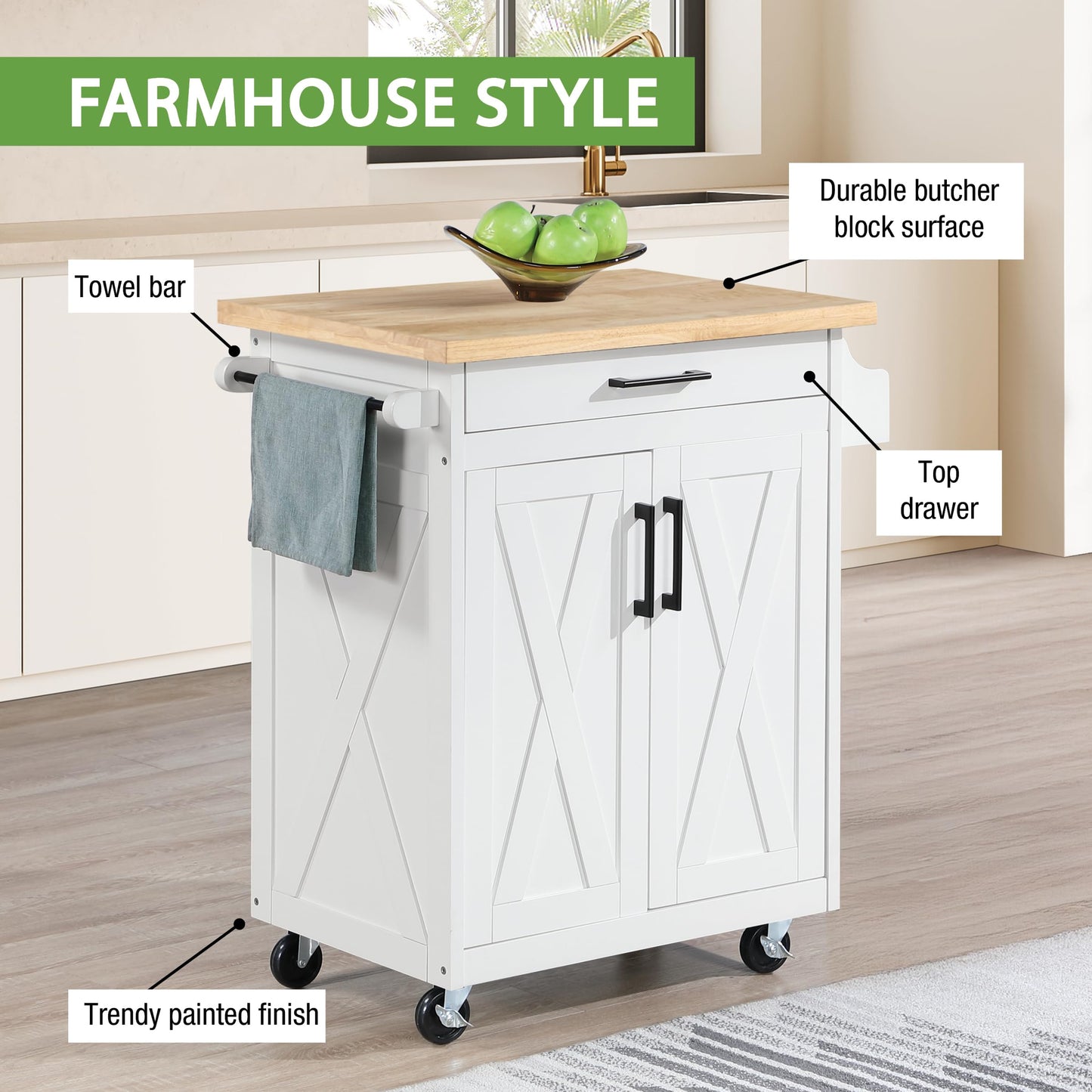 OSP Home Furnishings Bolten Farmhouse Kitchen Cart with Butcher Block Top, Rolling Island with Storage Cabinet and Drawer, 35.5H x 32W x 19D inches, White