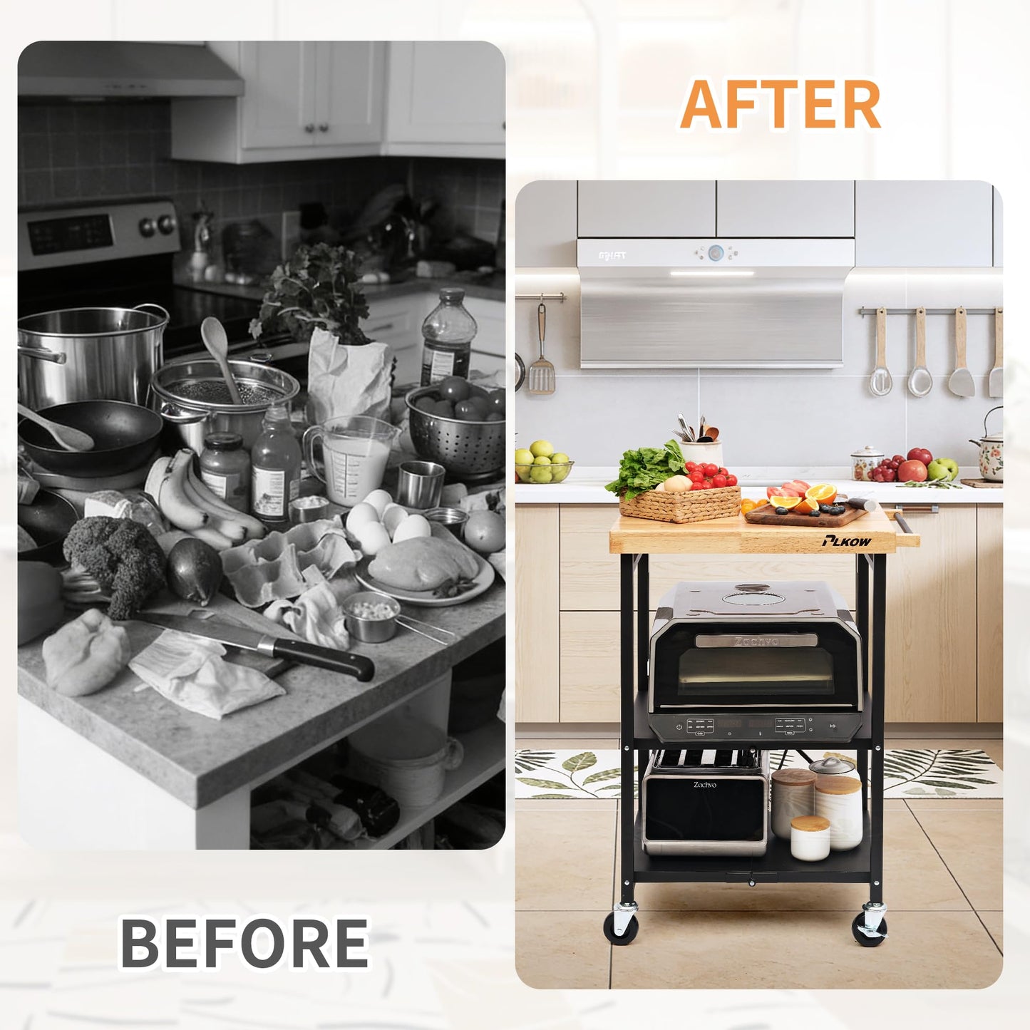 PLKOW Foldable Kitchen Cart with Solild Oak Wood Top, Rolling Kitchen Island on Wheels, 3-Tier Storage Utility Cart for Microwave, Toaster Oven, Small Spaces