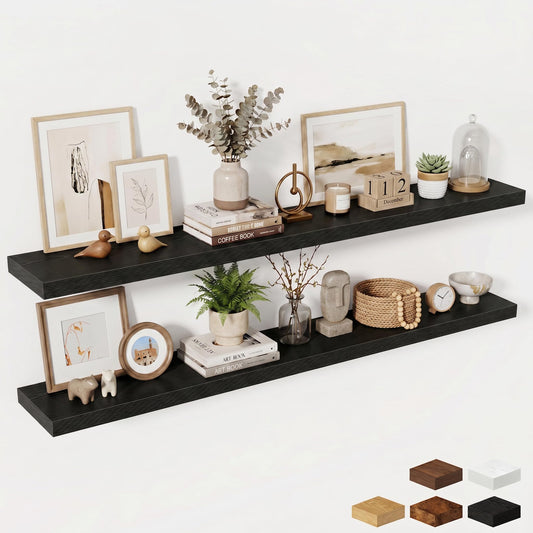 Fun Memories 72 Inch Fireplace Mantel Shelf, 10 Inch Deep Shelves for Display & Wall Storage, Rustic Wood Wall Shelf, Extra Long Floating Shelves for Living Room Laundry Room, Black, Set of 2