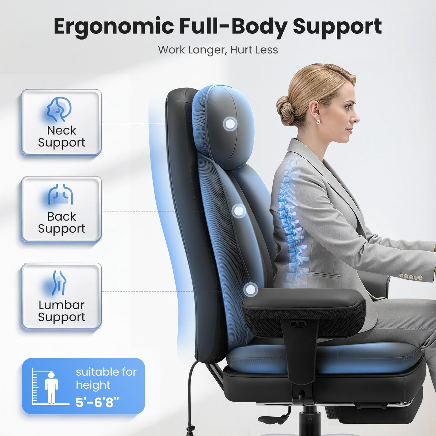 BestGlory Office Desk Chair with Inflatable Lumbar Support, Ergonomic Office Chair [Upgraded Double-Layer Cushion & Footrest], 400 LBS Big and Tall Computer Desk Chair for Home Office Gaming, Black
