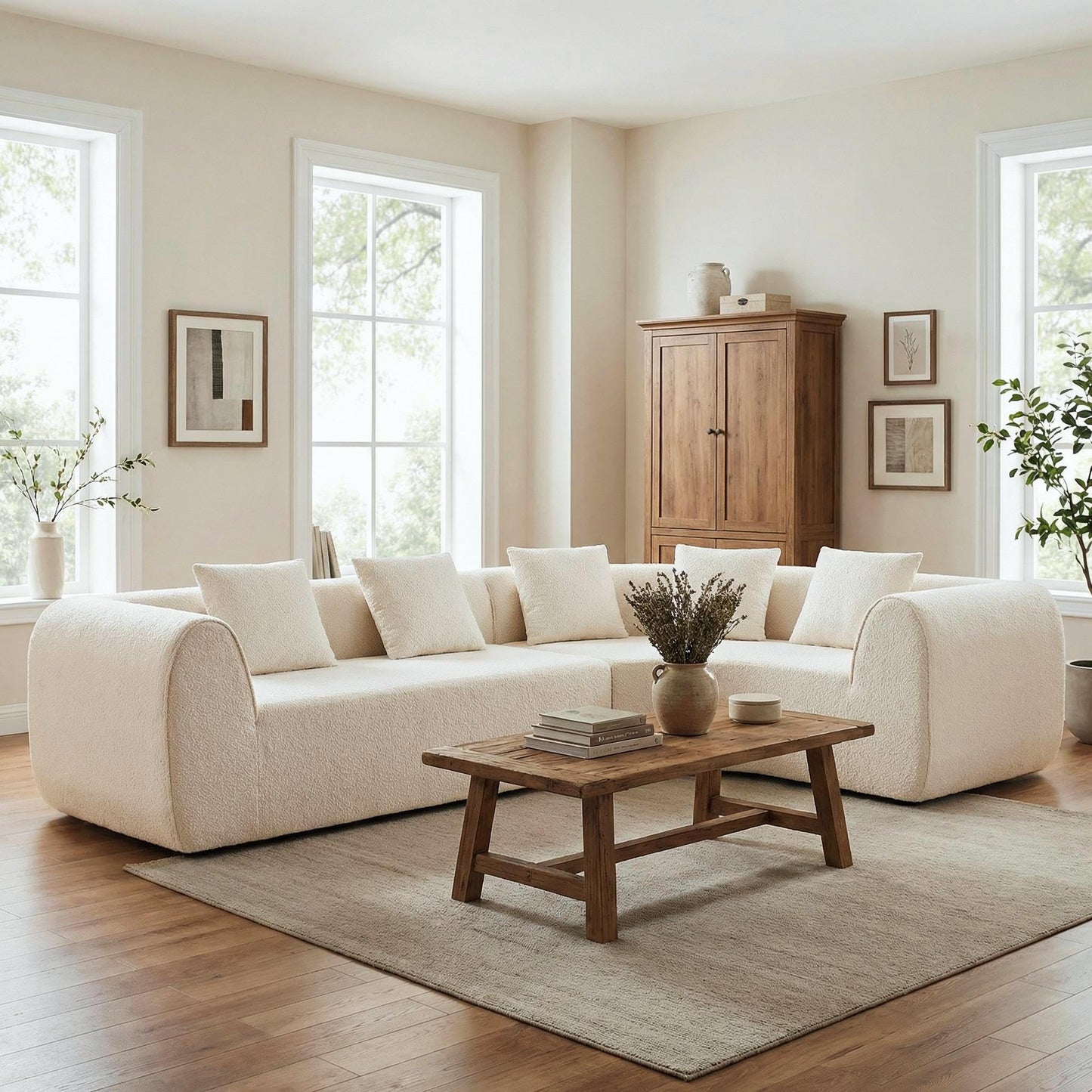 Christopher Knight Home Reiss 110" Curved Modular Sectional Sofa, Comfy Sofa Couch with Chaise Lounge, Modern Cloud Couch with Deep Seat, Fabric Upholstered Set for Living Room Bedroom, White