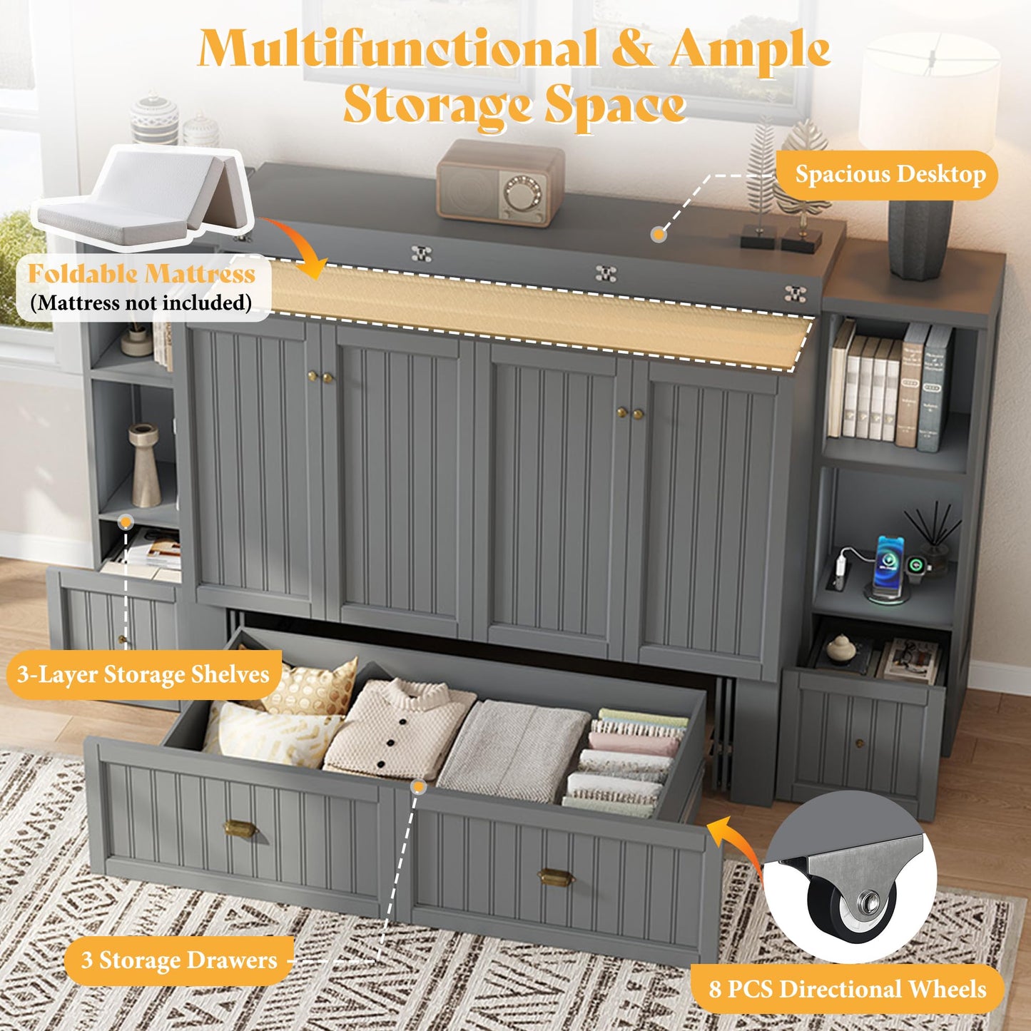 AMERLIFE Full Size Murphy Bed with Bedside Tables, Foldable Cabinet with 3 Storage Drawers & Charging Station, Farmhouse Hideaway Bed for Bedroom/Office/Guest Room, Grey