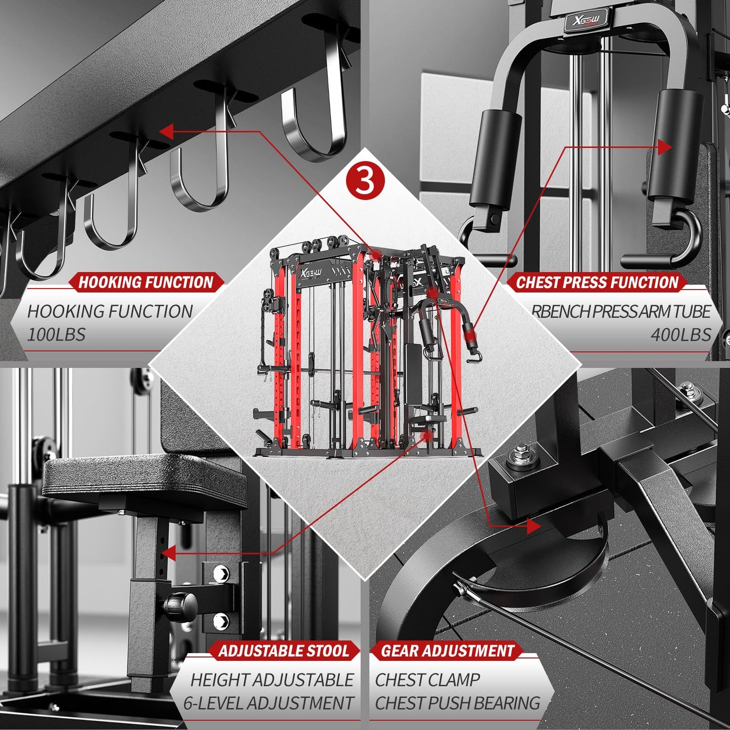 Smith Machine with Cable Crossover System, Multi-Function Power Cage Squat Rack for Home Gym, Power Rack and Packages Weight Sets. (Red, L06-Smith Machine+Weight Bench)