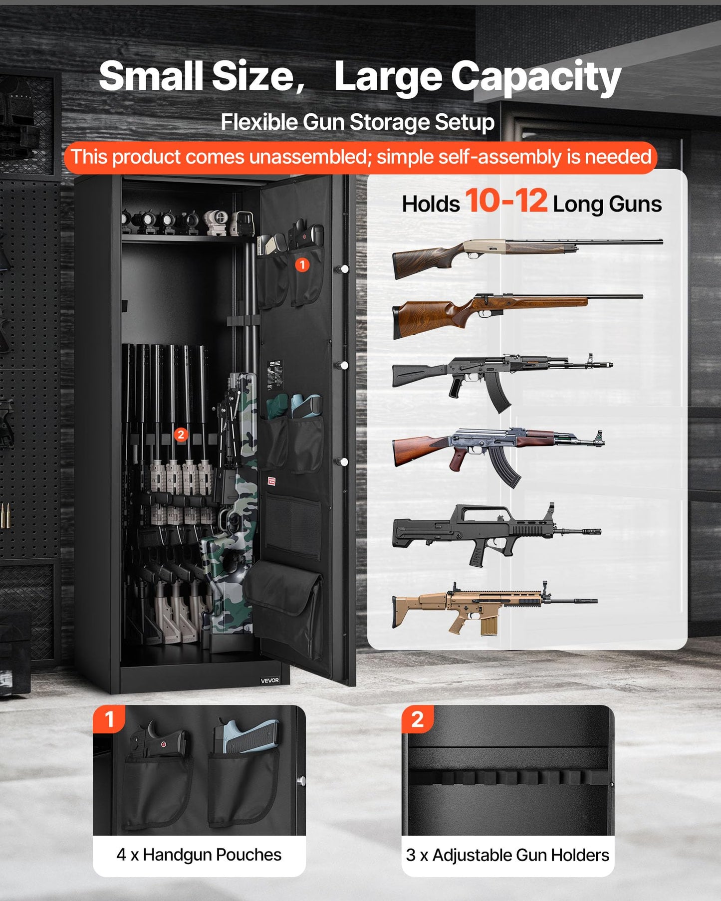 VEVOR 10-12 Gun Safe, Long Gun Cabinet for Rifles and Pistols, Quick Access Rifle Safe with 4 Pistol Pockets and 3 Adjustable Racks, Large Digital Cabinet with Key and Password Lock(Assembly Required)