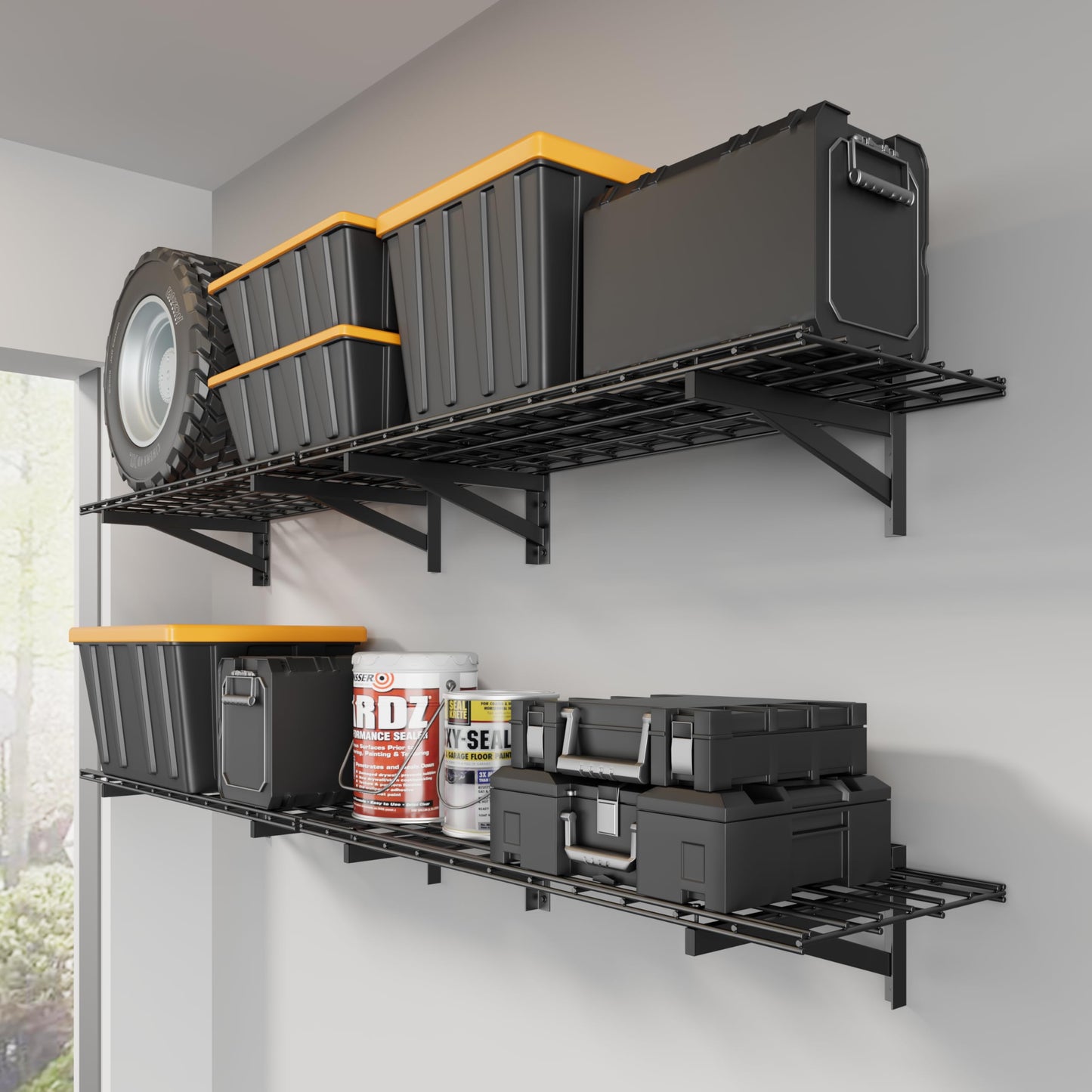 Jusgym 4 Pack Heavy Duty Garage Wall Shelving Set (1.5x4ft), Wall Mounted Garage Shelves 1400lbs Capacity, 18"x96" Shelf Storage Rack Floating Shelves, Black