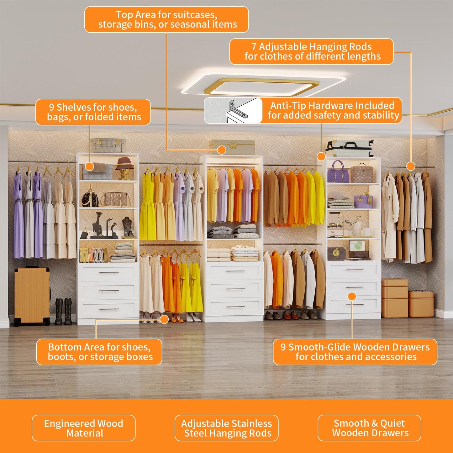 Closet System with 3 Sets, 6–20 FT Closet System with 9 Drawers, 9 Shelves & 7 Adjustable Hanging Rods, Max 244.3" Closet Organizer Systems for Walk-in Closets, Modular Custom Closet Tower, White