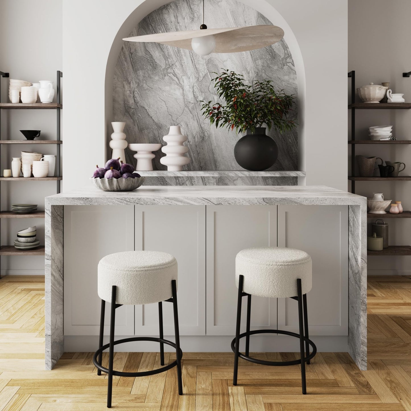 Nathan James Isaac 24" Modern Backless Bar Stool with Round Soft Padded Boucle Seat and Metal Mid-Century Base, Boucle White/Black, Set of 2