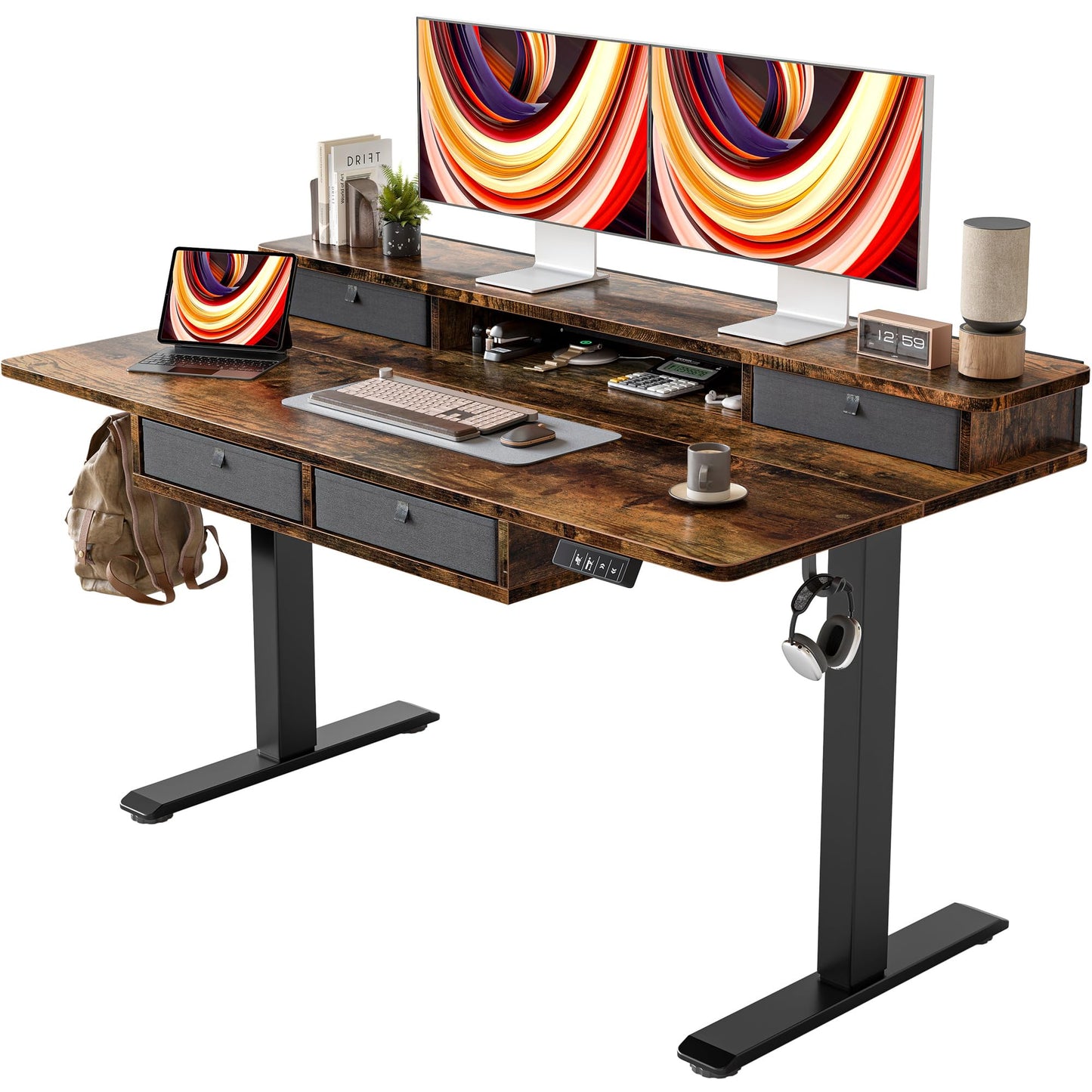 TIQLAB 55 * 28 Inch Standing Desk with Four Drawers, Electric Sit Stand Table, Stand Up Desk Adjustable Height with Storage Shelf, Splice Board, Deep Vintage