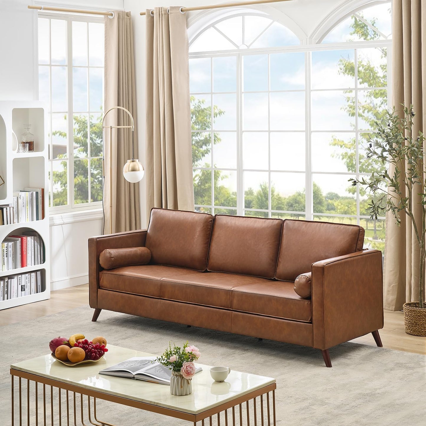 GarveeLife 81" Mid Century Modern PU Leather Sofa, 3 Seater Couch with Deep Seat & Cushions, Faux Leather Living Room Sofa for Apartment, Bedroom, Office, Brown