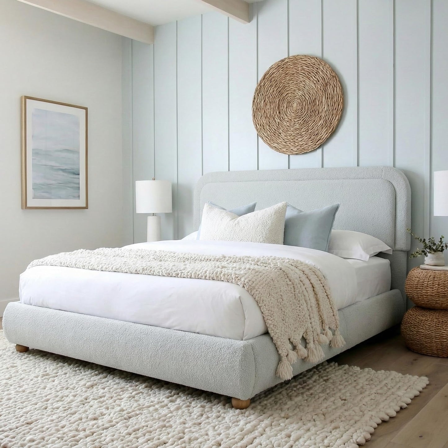 Brafab Cloud Full Size Bed Frame, Boucle Upholstered Bedframe with Rounded Corners Headboard, Solid Wood Legs, Boho Soft Bedframe Easy Assembly, No Spring Box Needed, Grey