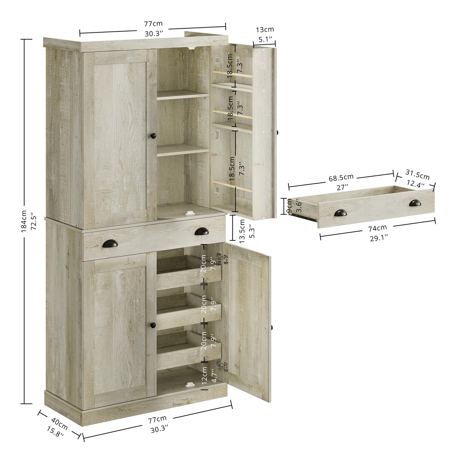 IRONCK Kitchen Pantry Cabinet 72" Height, Freestanding Cupboard with Drawer, Sliding Storage Rack, and 6 Hanging Shelves for Dining Room, Laundry, Rustic Maple