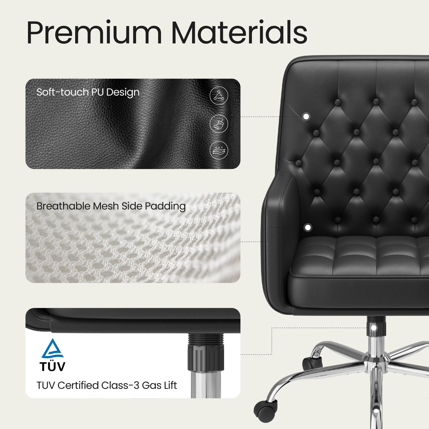 COLAMY Verso Home Desk Chair with Armrest, Leather Swivel Office Chair Adjustment Height with Wheels, Comfortable Padded Seat, Black
