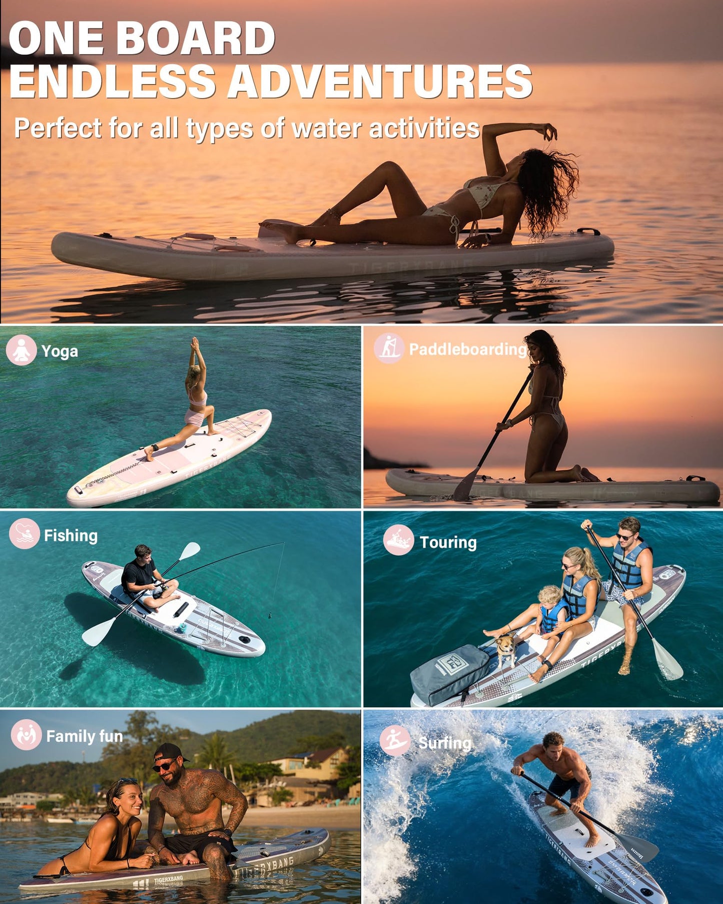 TIGERXBANG Inflatable Stand Up Paddle Board with SUP Board Accessories, Anti-Slip EVA Deck, 11' Paddleboard for Adults & Youth - All Skill Levels, Pink