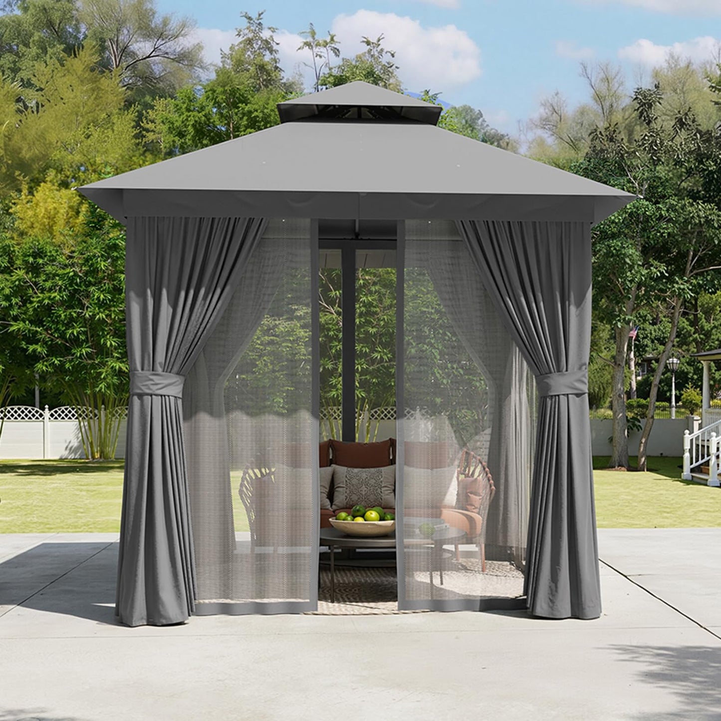 Aoxun 8x8 Outdoor Gazebo for Patio, Metal Frame Canopy Gazebo Double Roof Heavy Duty Small Gazebo, Backyard Gazebo with Mosquito Netting & Privacy Screen for Garden Lawn Deck (Grey)