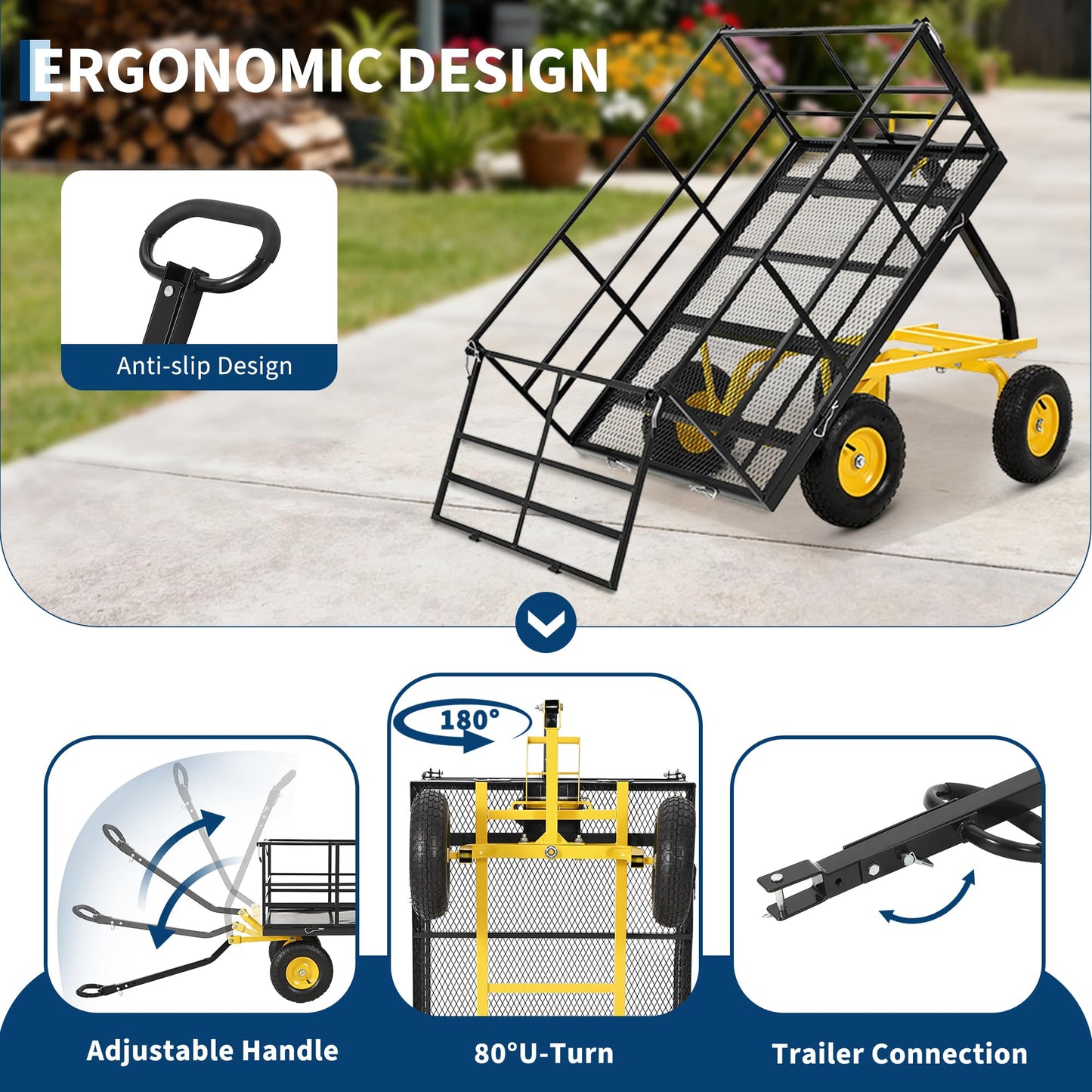 Heavy Duty 1500 Lbs Capacity Mesh Steel Garden Cart Folding Utility Wagon with Removable Sides, Garden Cart on Wheels for Gardening Soil, Tools, and Plant Transport