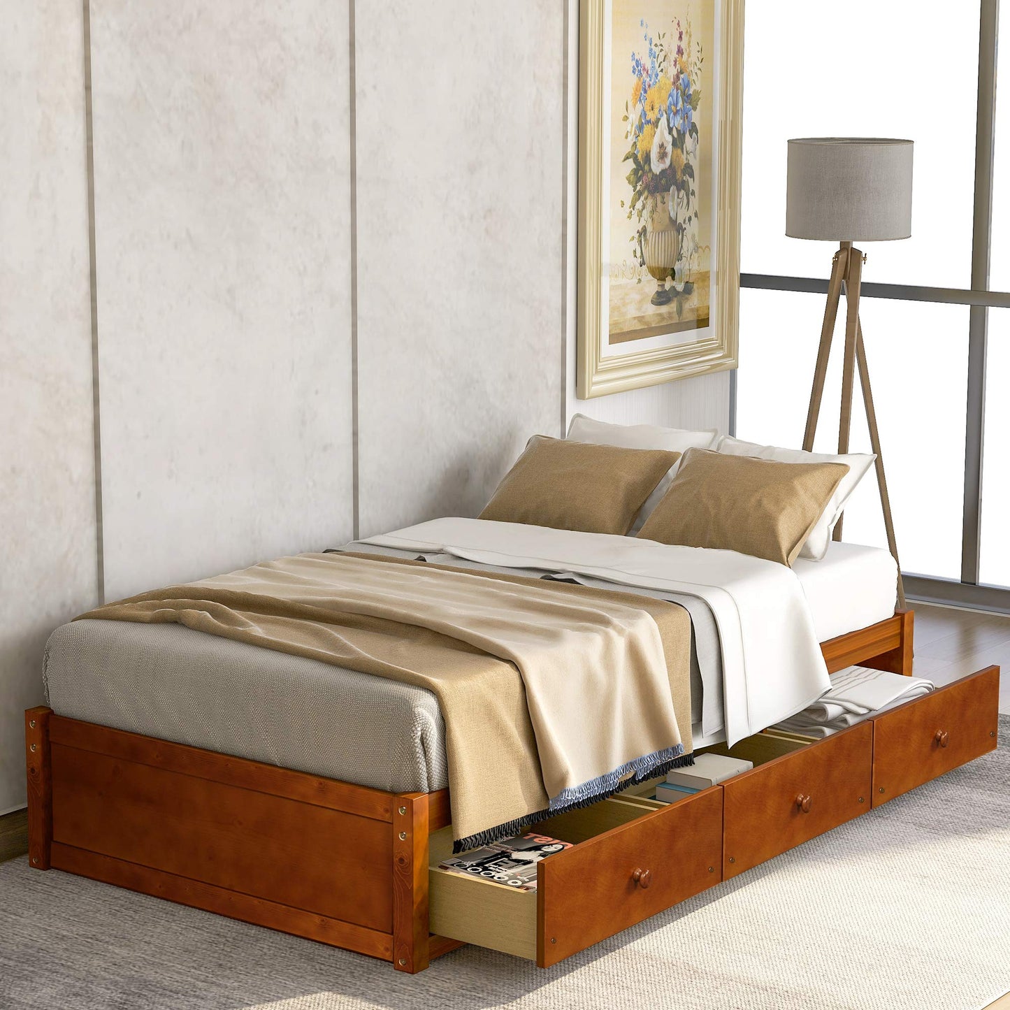 Merax Wood Captain's Platform Storage Bed with 3 Drawers,Classic Bed Frame No Box Spring Needed Twin, Oak