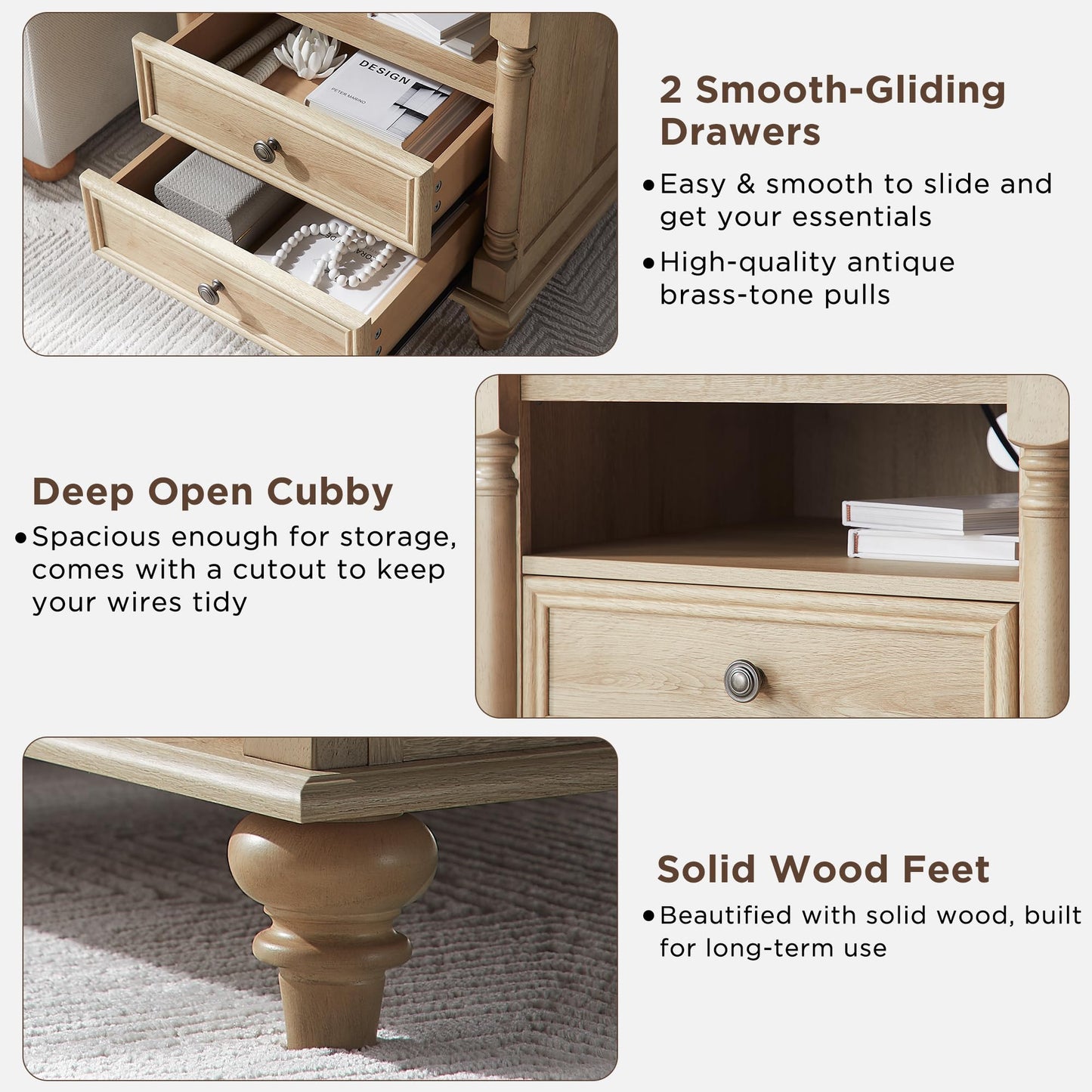 T4TREAM 24'' Farmhouse End Table w/4 Solid Wood Feet, Large 2 Drawers Wide Sofa Side Table with Charging Station, Tall Modern Wood Square Nightstand for Living Room, Bedroom, Office, Natural Oak