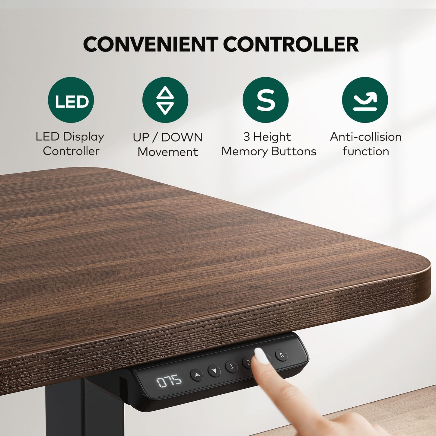 BANTI L-Shaped Standing Desk - 75 x 63 Inch Adjustable Corner Standing Desk with Charging Station - L Shape Sit Stand Table with Memory Controller, Splice Board for Home Office, Black Walnut
