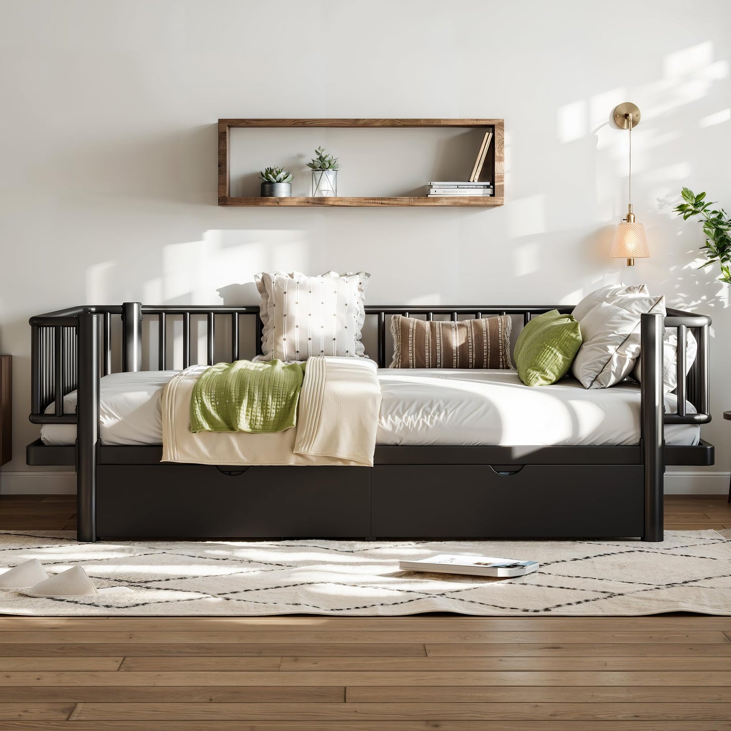 DNYN Full Size Metal Daybed Frame with Guardrails and 2 Storage Drawers for Teens Bedroom, Low-Profile Platform Bed with Upgraded Safety Round-Pipe Design, Space-Saving & No Box Spring Needed