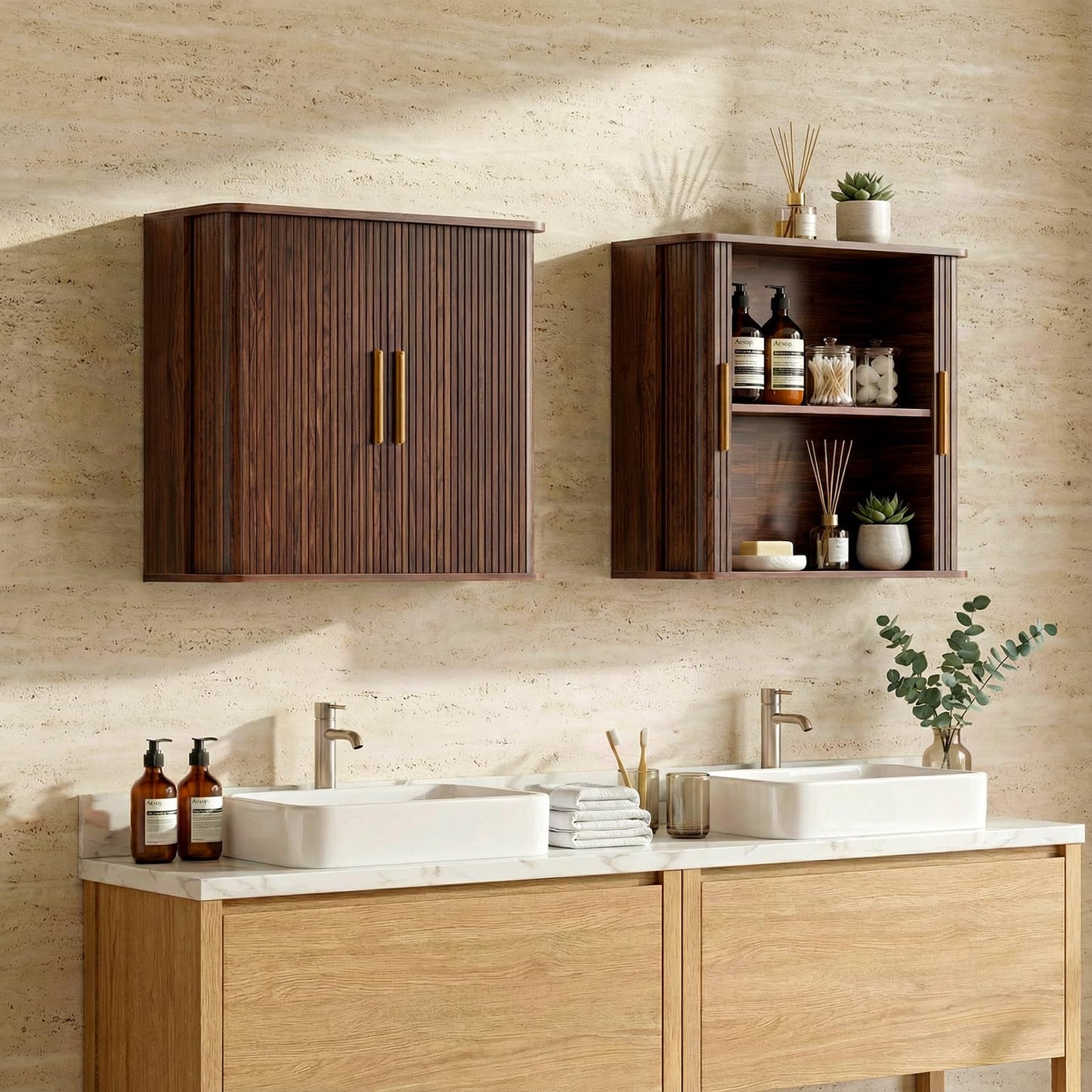 Furnaza 60" W Laundry Room Wall Cabinet with Fluted Sliding Door, Bathroom Medicine Cabinet with Adjustable Shelf, Wall Mounted Storage Cabinet for Laundry Room Kitchen