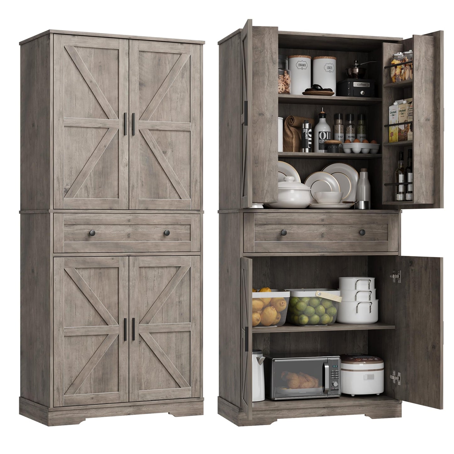 Garvee 71" Kitchen Pantry Cabinet, Barn Door Freestanding Cupboard with Drawer, Sliding Storage Rack, and 6 Hanging Shelves for Kitchen, Dining Room, Living Room Bedroom