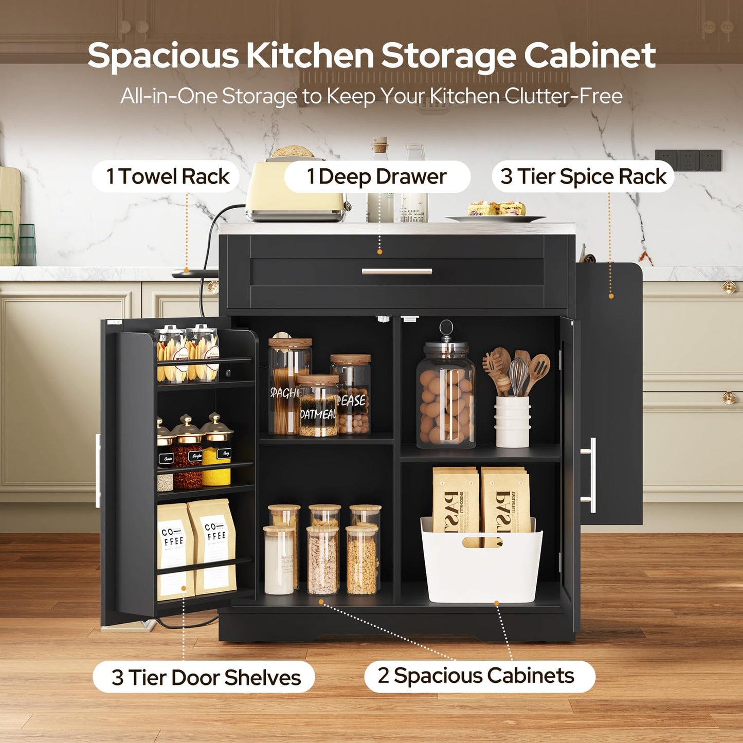 Concho 41'' Rolling Kitchen Island with Seating and Stainless Steel Countertop, Mobile Kitchen Carts with Folding Drop Leaf, Bar Stool, Power Outlet, Spice/Towel Rack, Zest Black