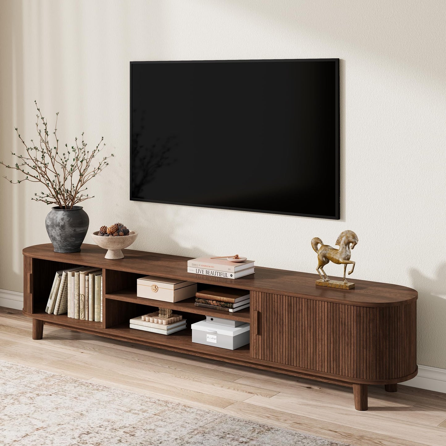 78.75" Curved TV Stand with Storage Cabinets & Open Shelves, Farmhouse Entertainment Center with Sliding Doors, Wood Media Console for Living Room Hallway, Walnut