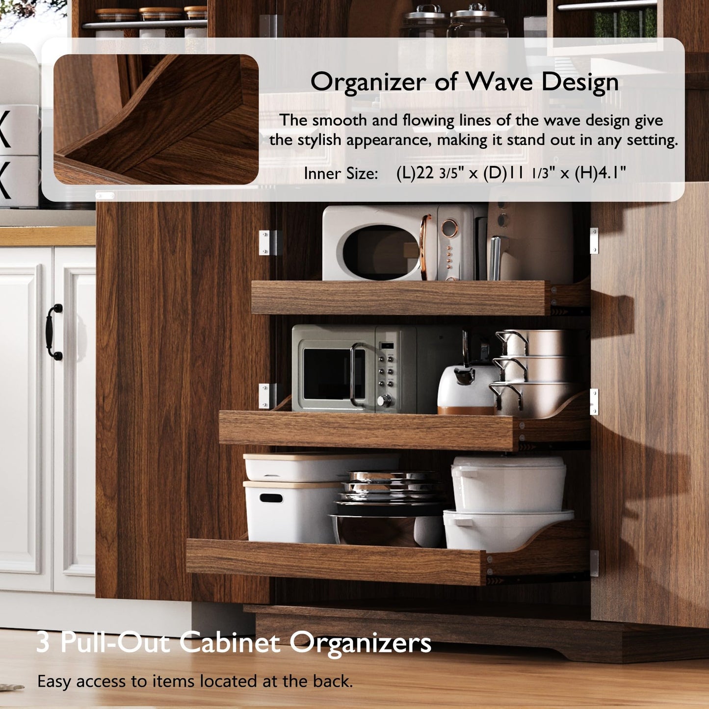 Ball & Cast 71" Farmhouse Kitchen Pantry Cabinet with 3 Pull-Out Organizers, Tall Storage Cabinet with 4 Doors, 2 Drawers, 6 Door Shelves & Adjustable Shelves, Freestanding Cupboard, Rustic Brown