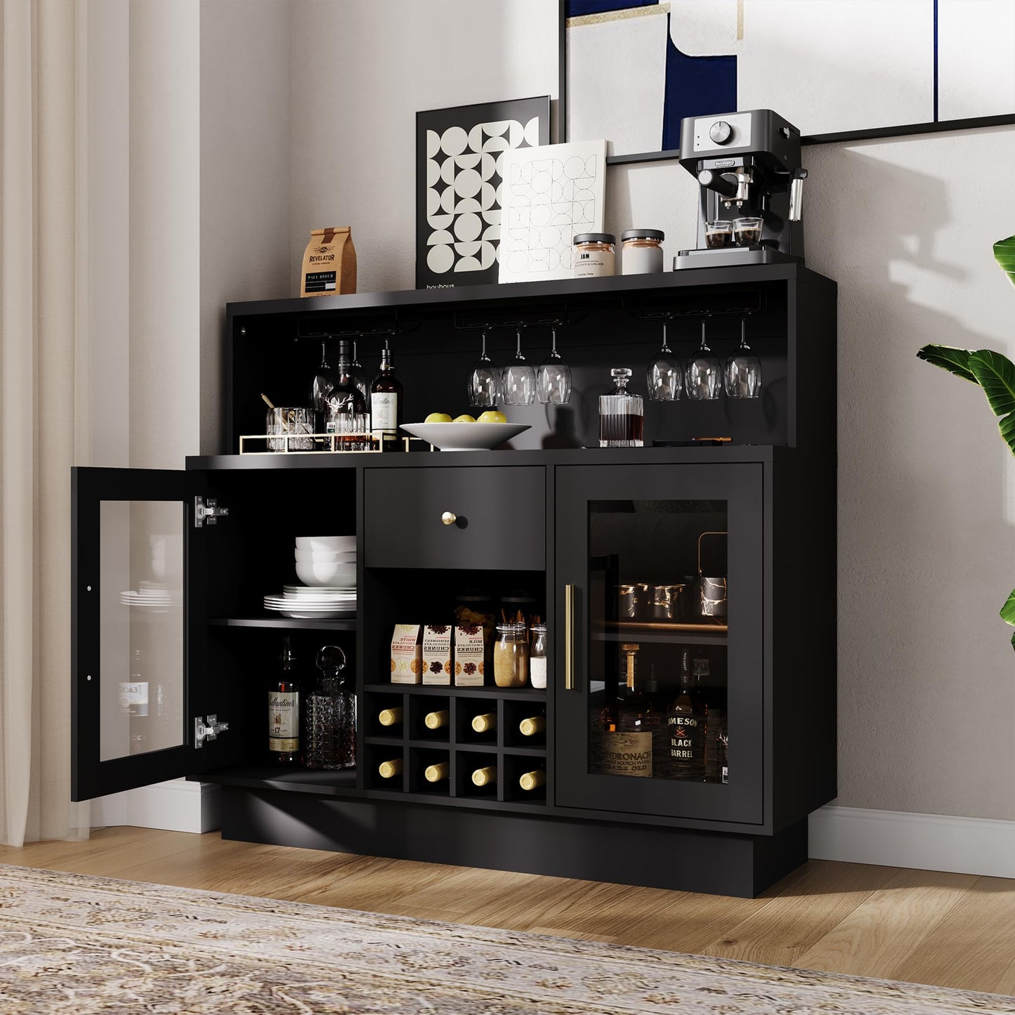 Rustic Modern Home Bar Cabinet with LED Lights & Glass Doors - Coffee & Wine Bar Station with Storage Shelves, Lockable Door, Spacious Countertop for Kitchen, Dining Room, Game Room Furniture