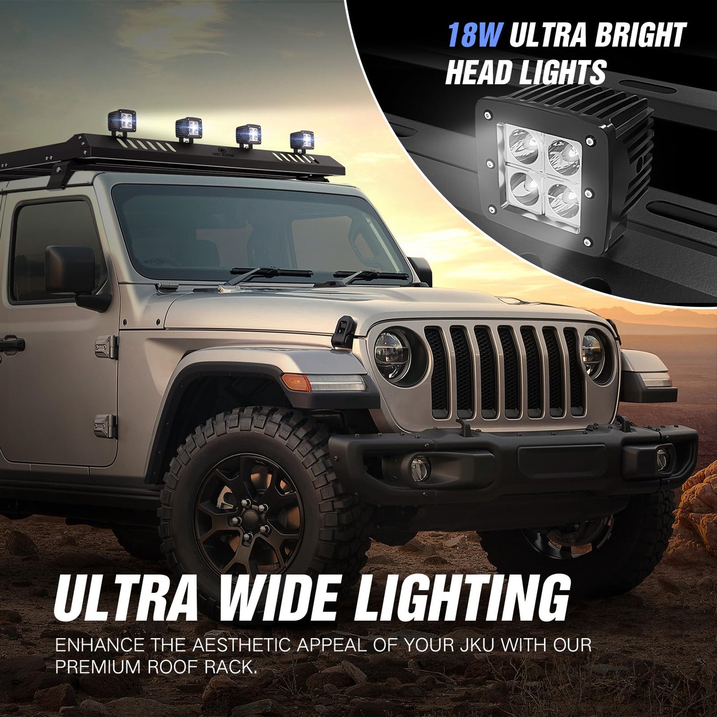YZONA Roof Rack Cargo Basket with 4 PCS LED Light Bar Compatible with 2007-2026 Jeep Wrangler JK JL Unlimited & Gladiator JT 4 Doors Hardtop Model, JKU JLU Luggage Storage Carrier Rooftop Racks
