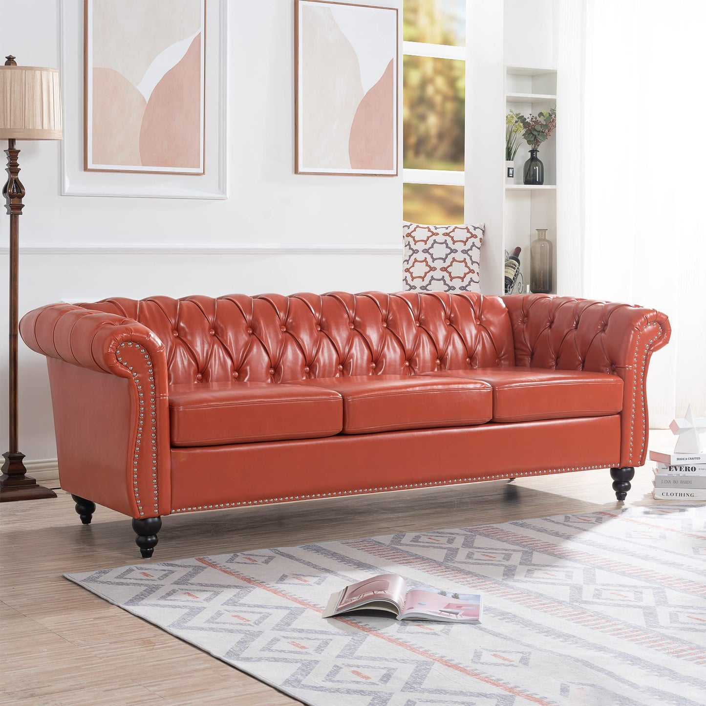 Ball & Cast 84" Chesterfield Leather Sofa with Channel Tufted Seat Back,Classic 3 Seater Couch w/Roll Arm Nailhead Trim and Upholstered,Mid Century Furniture for Living Room,Bedroom,Office,Orange PU
