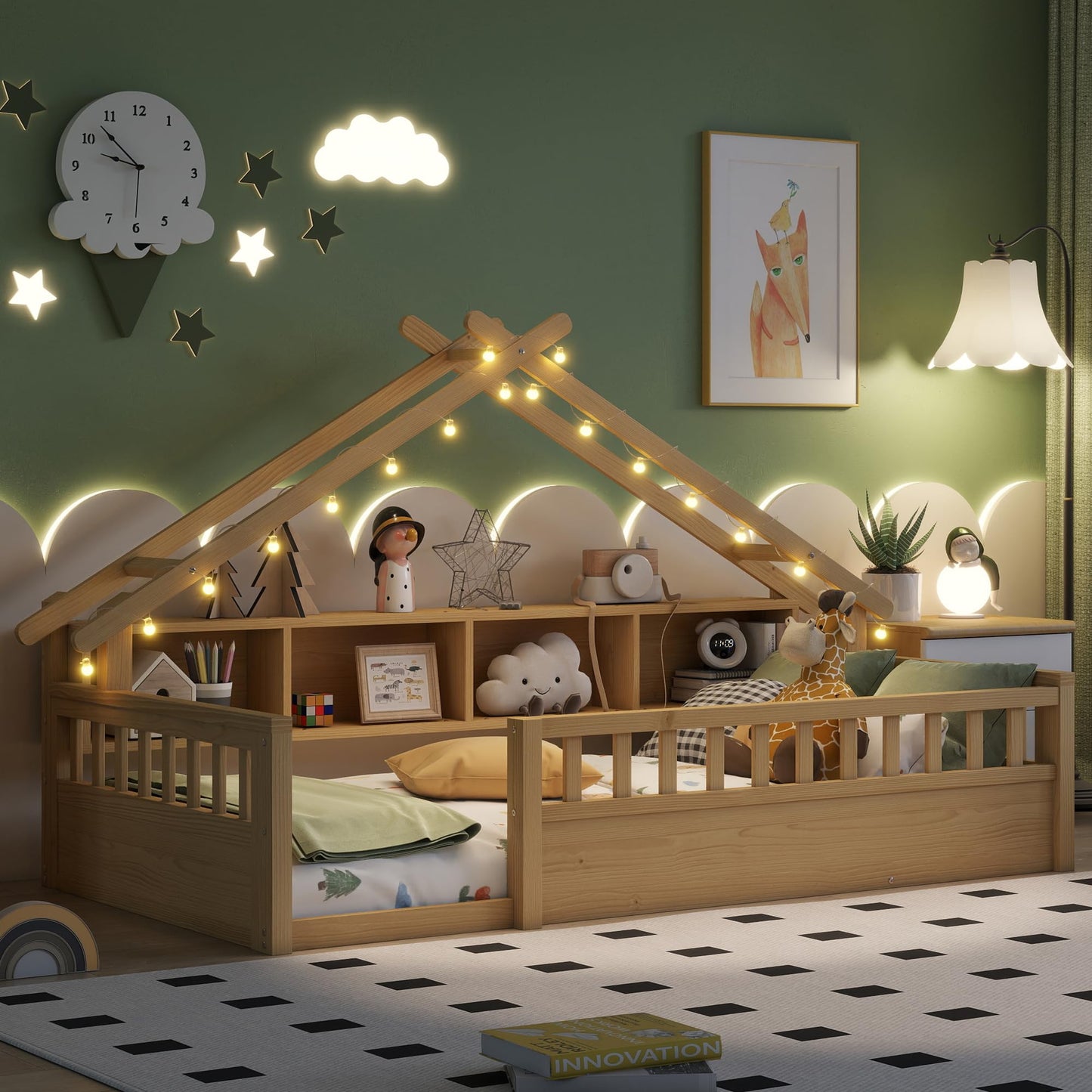KEIKI Twin House Shaped Floor Bed with Storage, Kids Montessori Platform Bed Frame with Light & Tall Rails, Solid Beds Frames for Boys Girls Bedroom, No Box Spring Needed, Easy Assembly, Natural