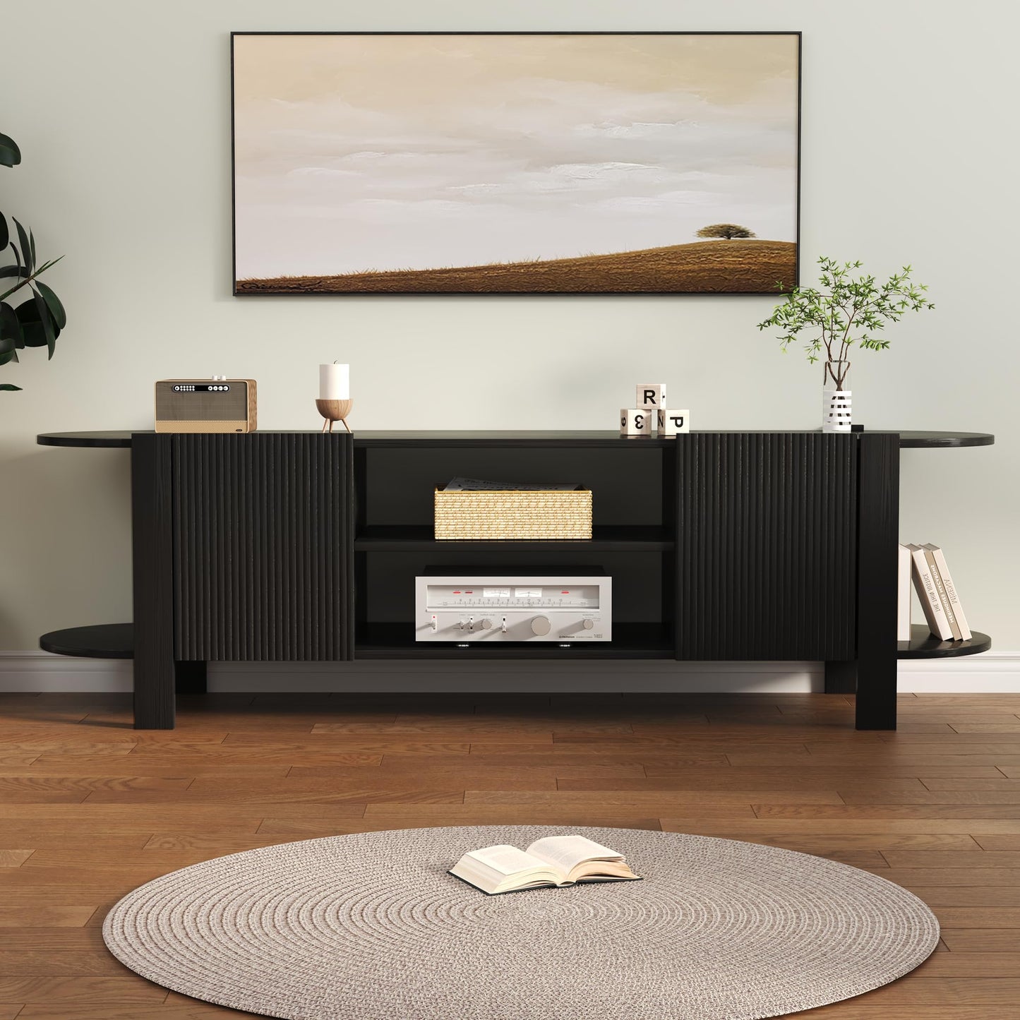 ZOSQUARE 65 Inch TV Stand for Up to 75 inch TVs, Fluted Entertainment Center with Adjustable Shelve, Curved Round Corner TV Console Table with Storage for Living Room, Bed Room (Black)