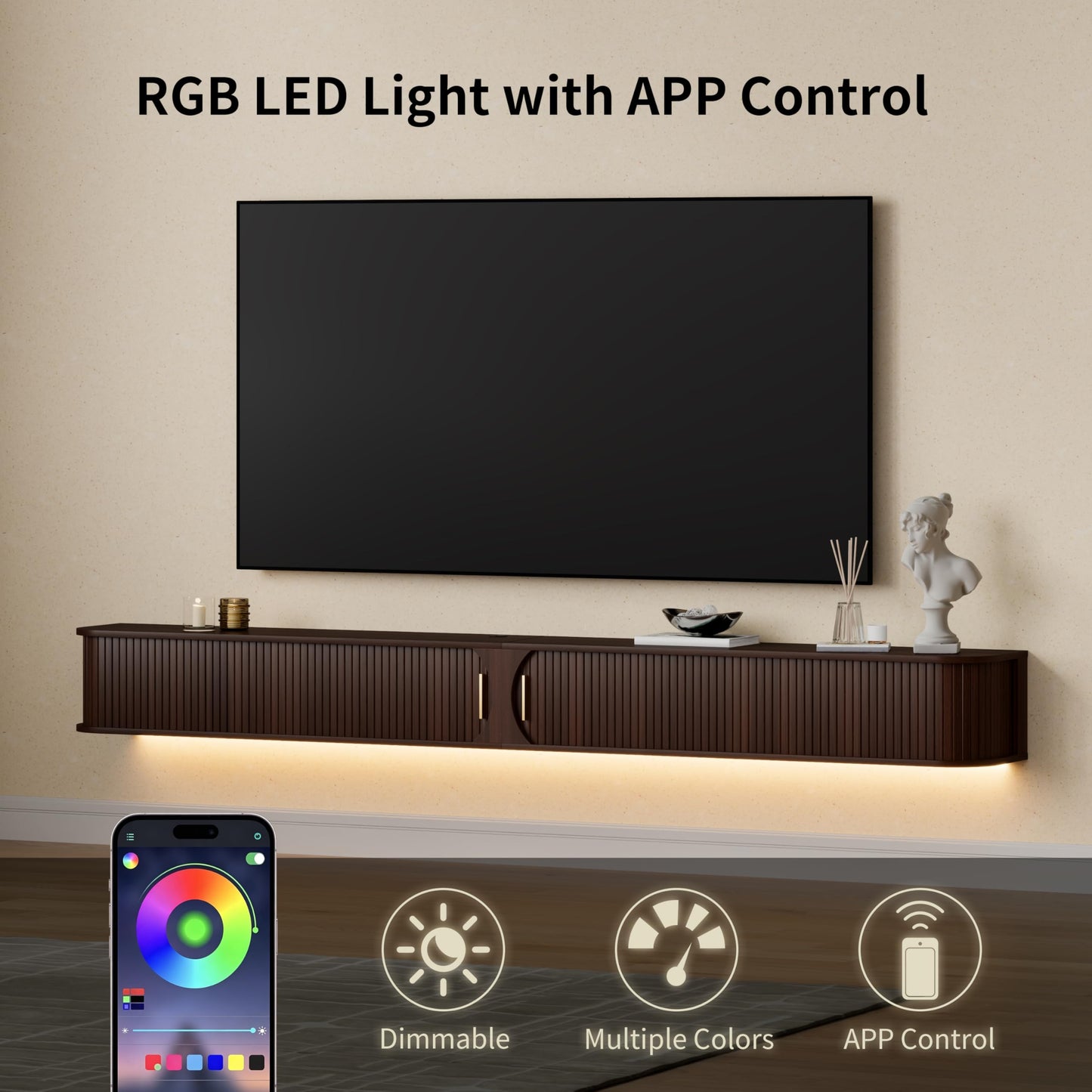 DHH 94.8" Floating TV Stand with Power Outlet for TVs up to 100", Mid Century Modern TV Console with RGB LED Lights, Fluted Entertainment Center with Sliding Door for Living Room, Bedroom (Walnut)