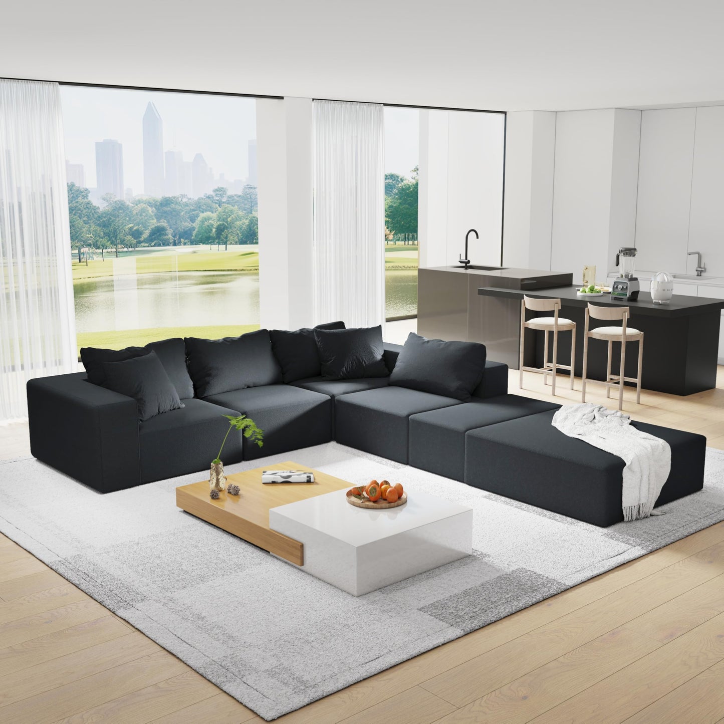 Oversized Boneless Modular Sectional Sofa Cloud Couch for Living Room - Convertible 6 Seater Chenille Couches Set with Ottoman, No Assembly Floor Compression Sofa with Memory Foam