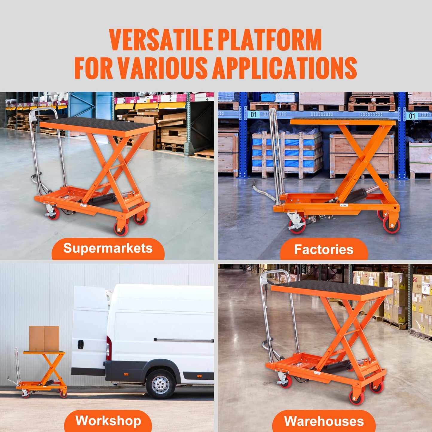 VEVOR TF23 Hydraulic Lift Table Cart, 500lbs Capacity 28.5" with 4 Wheels and Non-Slip Pad, for Material Handling and Transportation, Orange