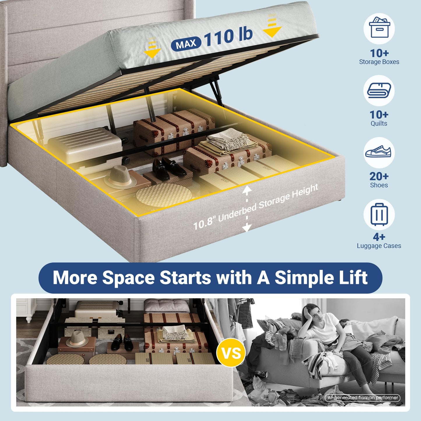 Allewie Queen Size Lift Up Storage Bed, Modern Wingback Headboard, Hydraulic Support, No Box Spring Needed, Light Beige