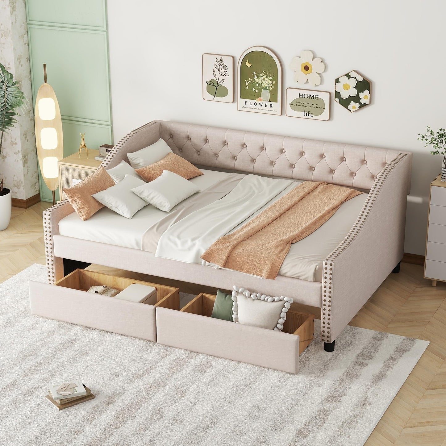 Daybed Frame Full Size with Storage 2 Drawers and Button Tufted, Upholstered Platform Bed, No Box Spring Needed