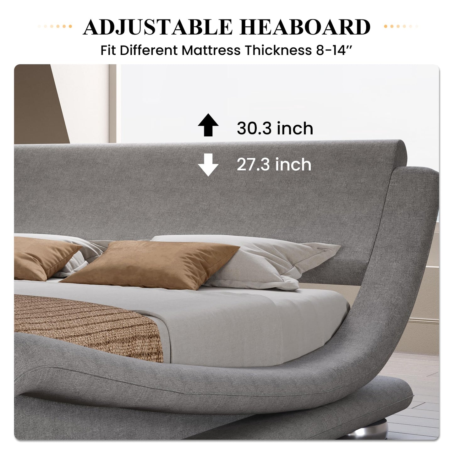 SHA CERLIN Queen Size Upholstered Bed Frame, Deluxe Low Profile Sleigh Bed with Linen Ergonomics Headboard, No Box Spring Needed & Easy Assembly, Grey