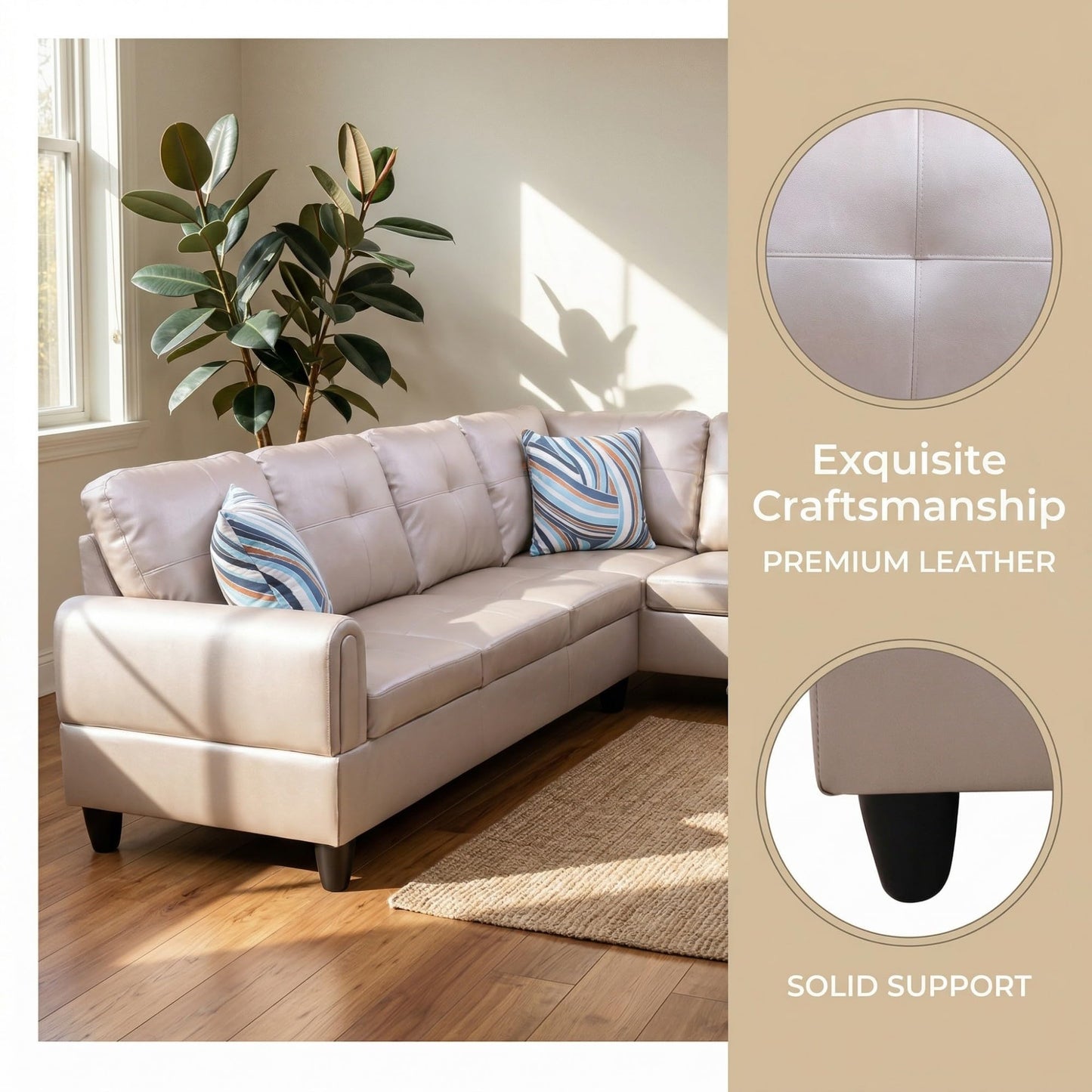 NicBex Leather Couches for Living Room, 2-Piece 97" L-Shaped Sectional Couch with Movable Chaise, Modern Sofa Living Room Set for Apartment, Office & Bedroom, Latte