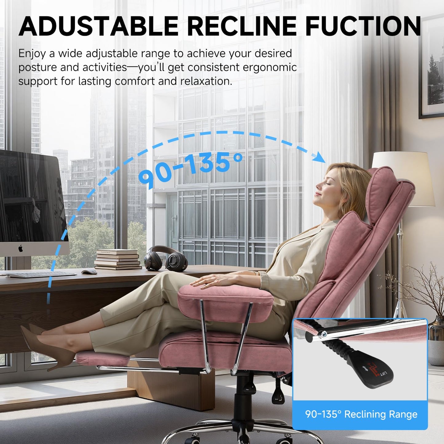 GTPLAYER Gaming Chair,Office Chair with Pocket Spring Lumbar Support, Ergonomic Comfortable Wide Office Desk Computer Chair with Outward Fixed Soft Armrests and Footrest (Fabric, Pink)