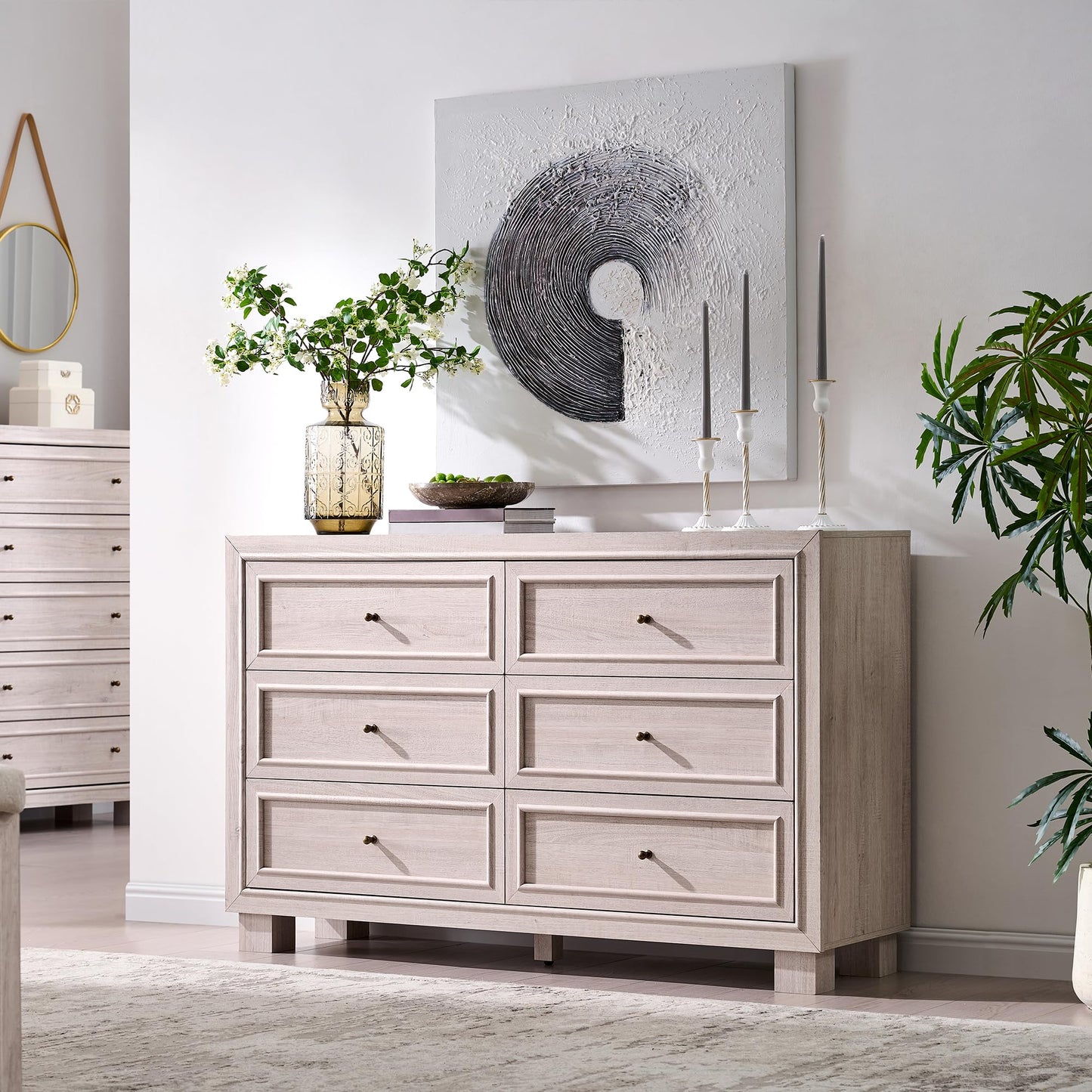 JXQTLINGMU Dresser for Bedroom with 6 Drawers, Two Included Base Styles, 52" Wide Closet Dresser TV Stand w/Storage, Wooden Mid Century Modern Chest of Drawers for Living Room, Hallway, White Alder