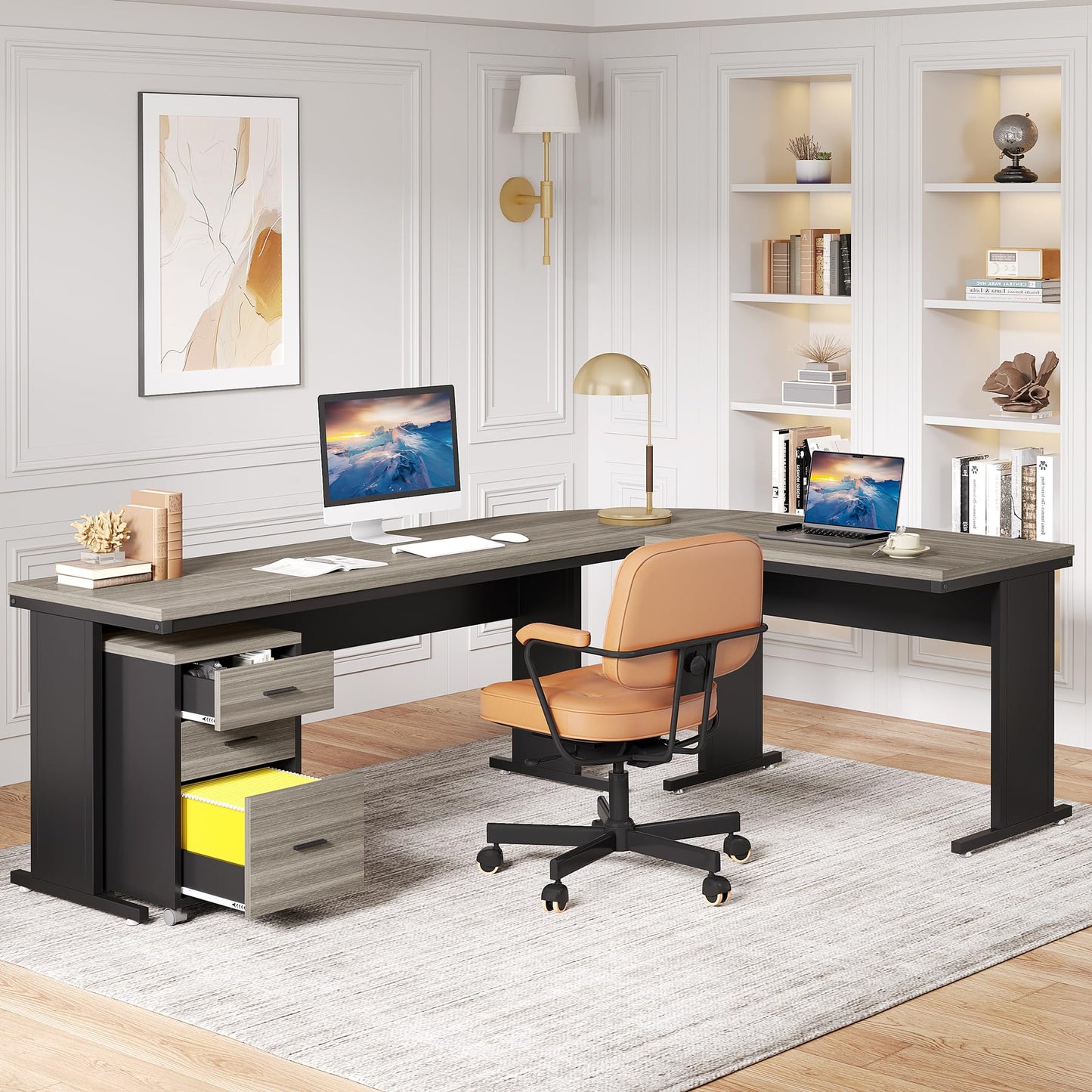 Tribesigns 83" L-Shaped Executive Desk, Large Office Desk with Drawes, Industrial Corner Computer Table with File Cabinet, Business Workstation for Home Office (Gray, 83")