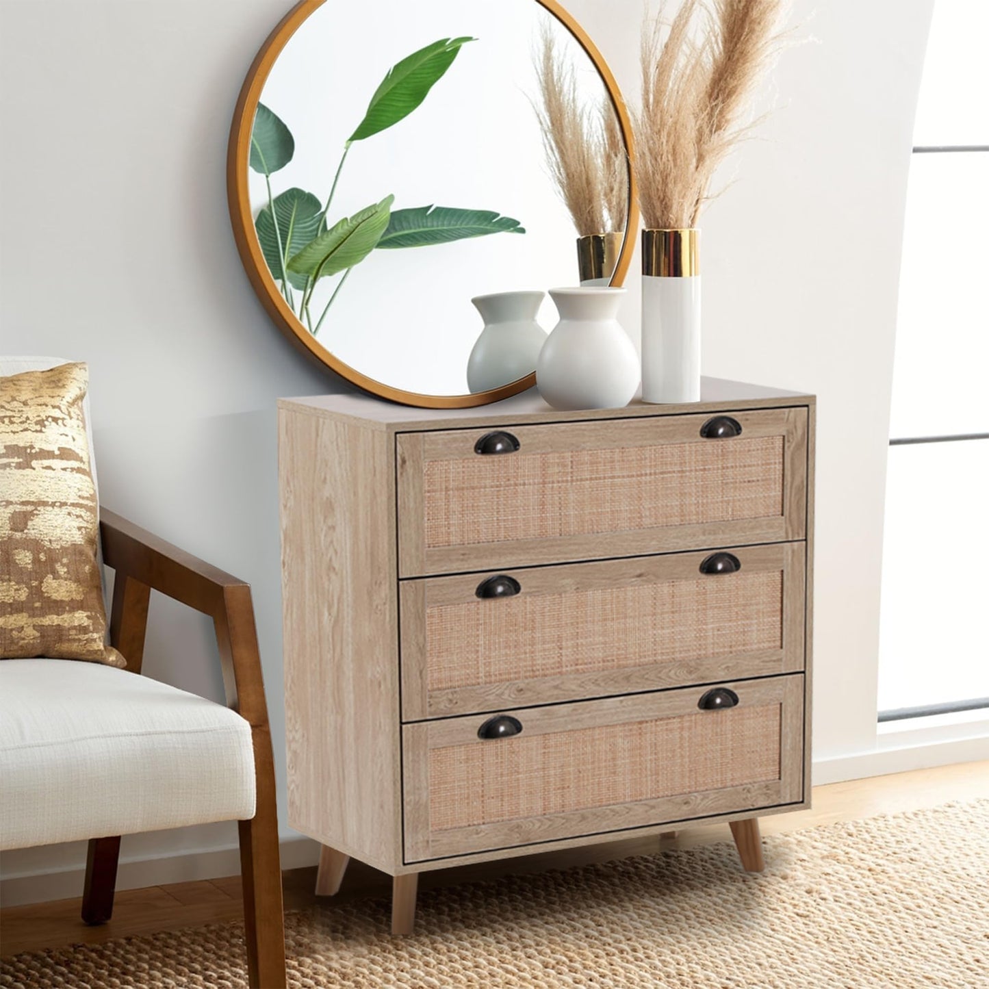 Sophia & William Rattan Cabinet Boho Dresser 3-Drawer Rattan Nightstand Chest of Drawers