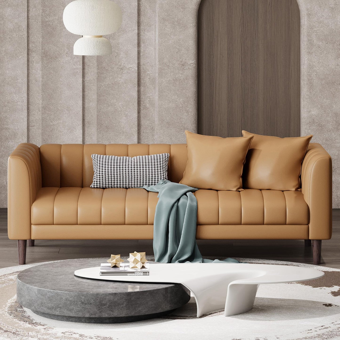 IDEALHOUSE 83" W Faux Leather Sofa Couch for Living Room, Modern 3 Seater Sofa Couch with Deep Seats, 2 Throw Pillows and Wood Legs, for Small Space, Bedroom, Apartment, Home Office, Brown