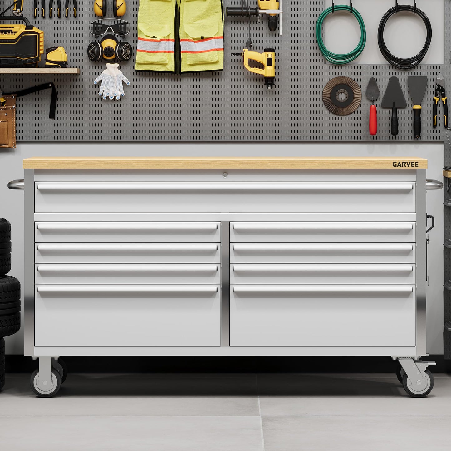 Garvee 61-Inch Heavy-Duty Rolling Tool Chest & Mobile Workbench with 9 Drawers & Outlets, Rubber Wood Tabletop, Key Locking System, Drawer Liners & Wheels, Steel Storage Cabinet for Garage