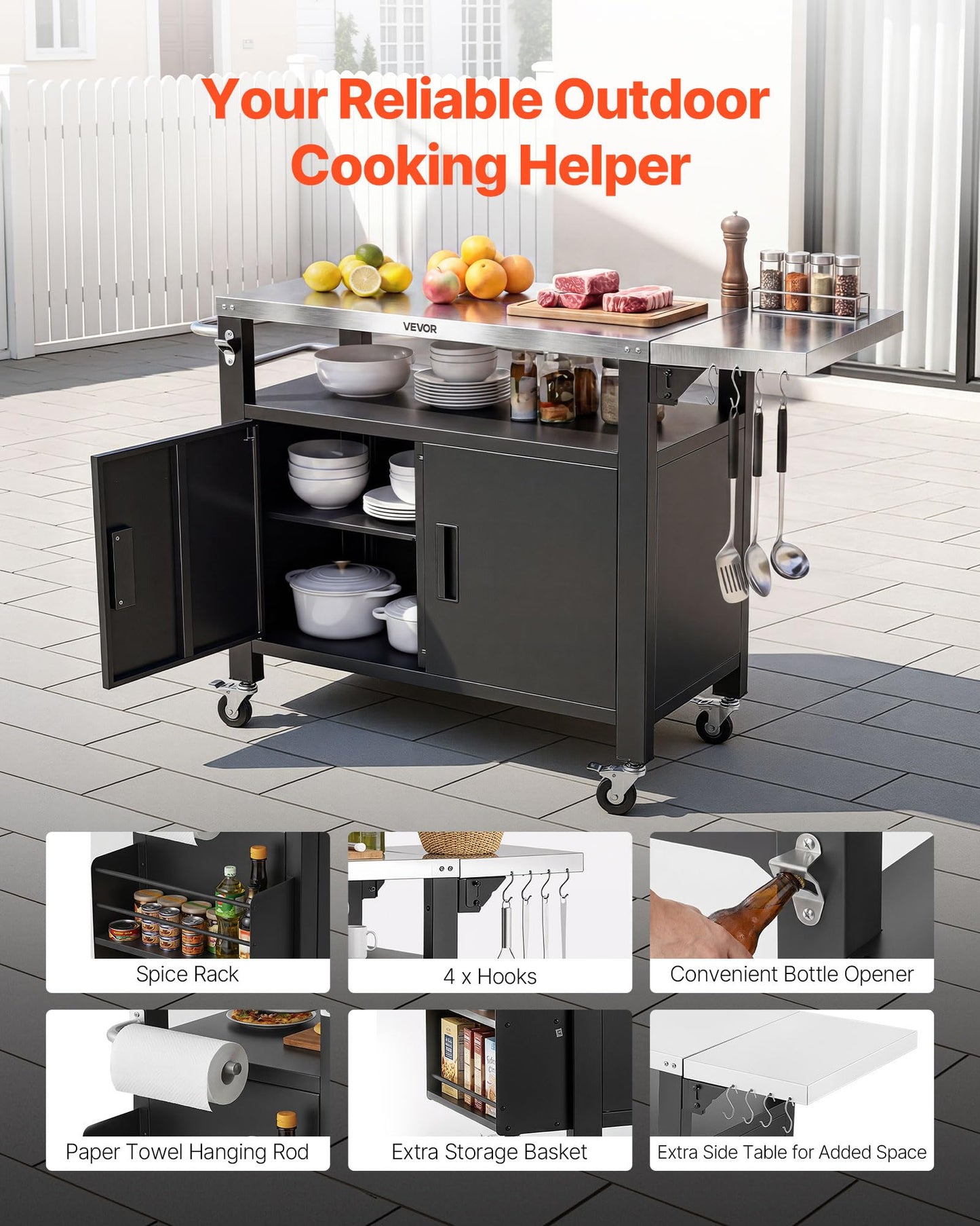 VEVOR Outdoor Grill Cart with Storage Cabinet, 55.1 Inch Grill Table, Waterproof Kitchen Island with Stainless Steel Top, Shelf, and Wheels, Movable Food Prep Station for Patio Bar Backyard BBQ